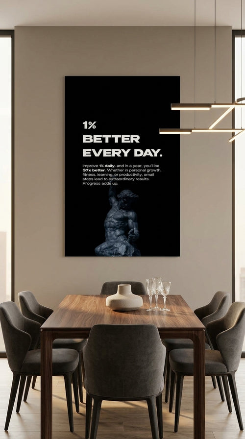 1% Better Every Day motivational wall art displayed in a modern dining room