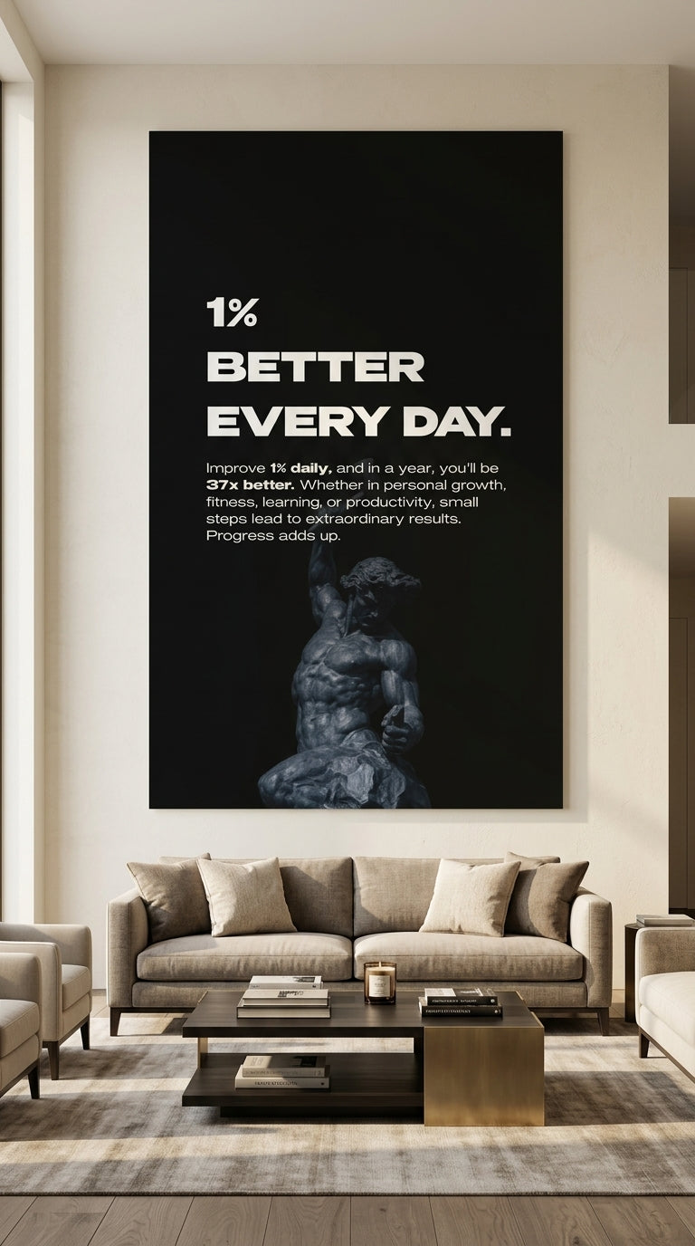 1% Better Every Day motivational wall art displayed in a modern living room