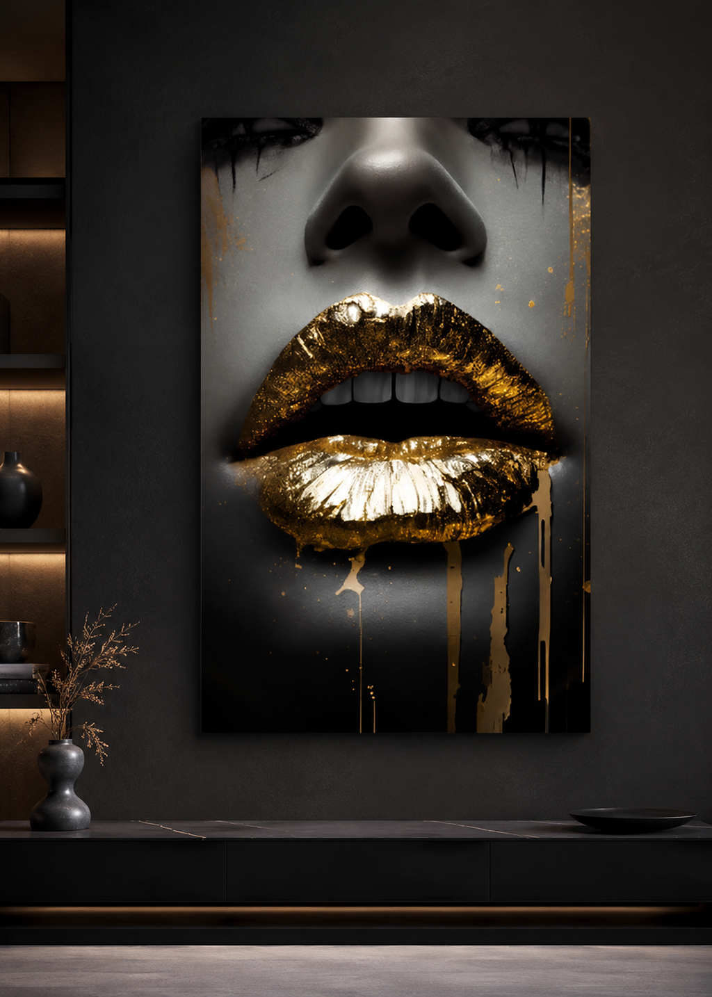 Molten Gold Lips — Black & Gold Wall Art