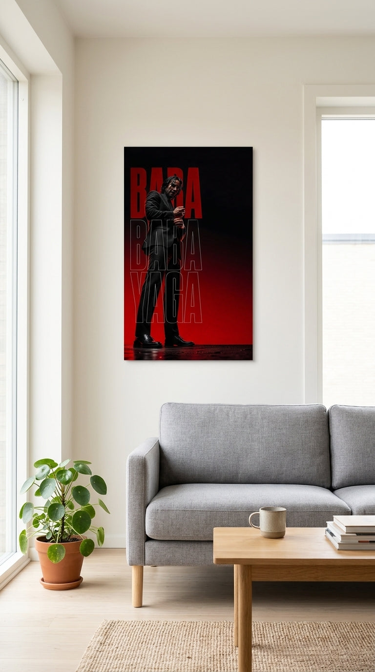 Baba Yaga black and red minimalist wall art in a modern living space