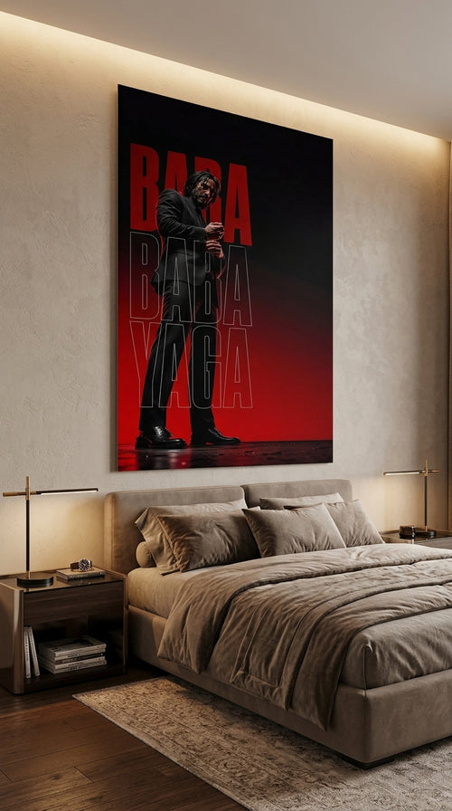 Baba Yaga black and red cinematic wall art displayed above a modern bedroom bed