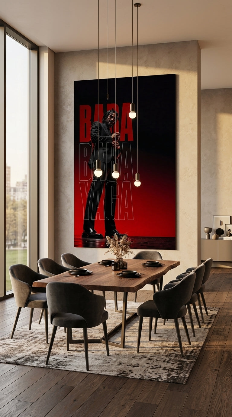Baba Yaga black and red cinematic wall art displayed in a contemporary dining room