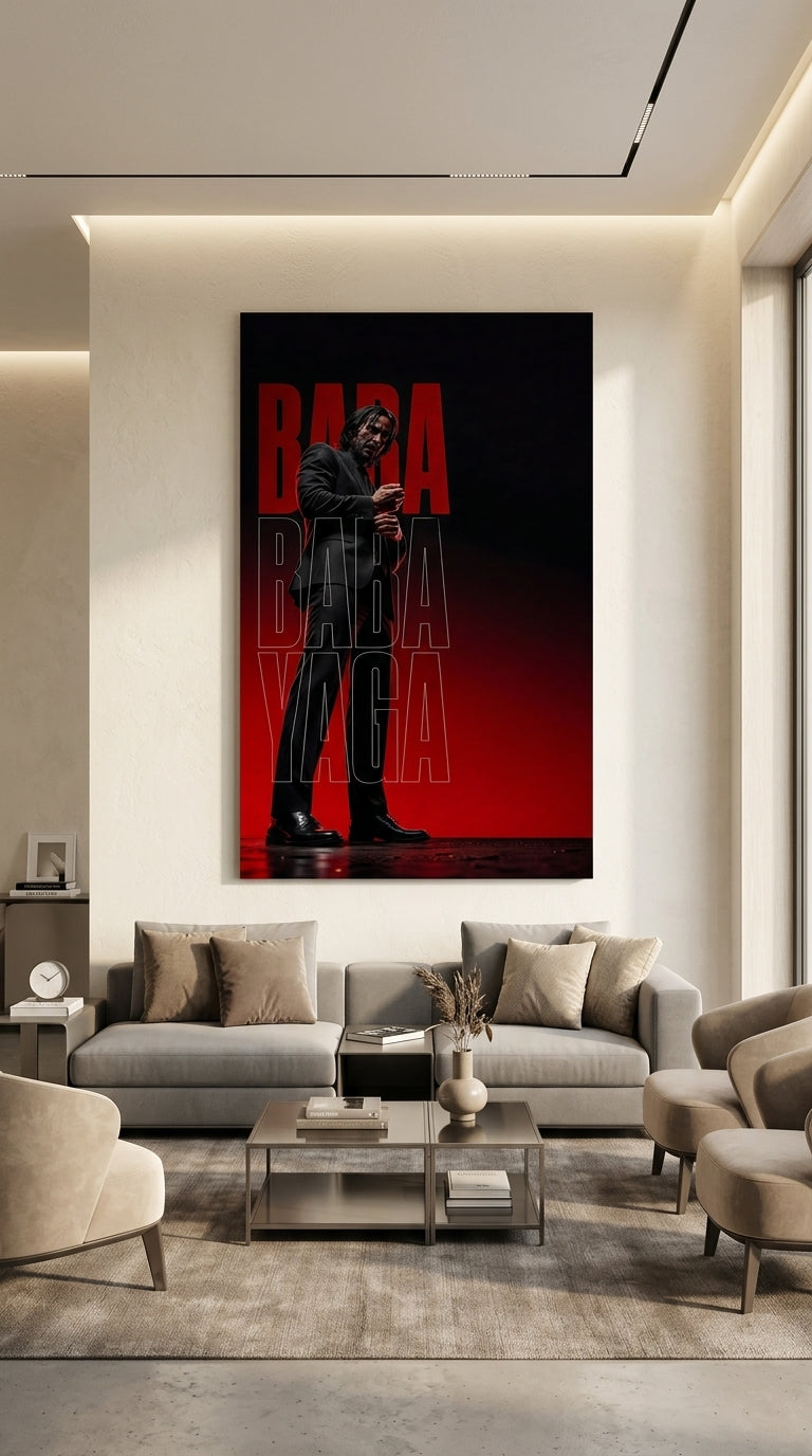 Baba Yaga black and red cinematic wall art displayed in a contemporary living room