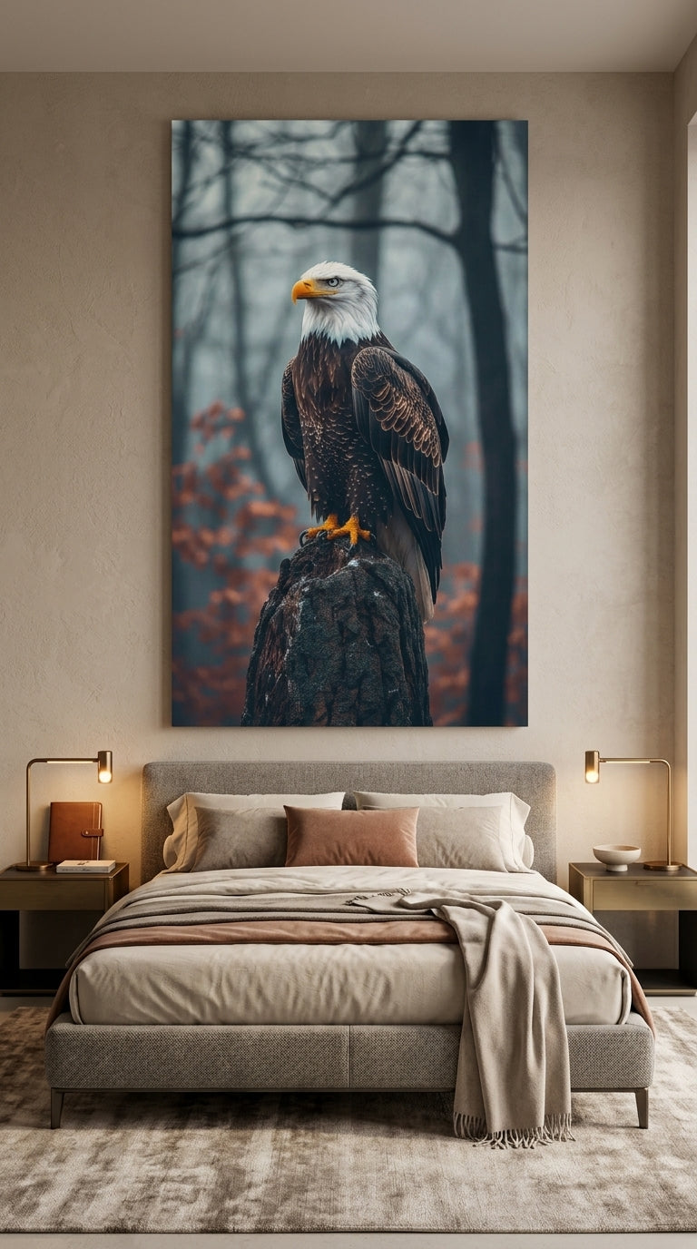 Bald eagle wall art above a contemporary bedroom