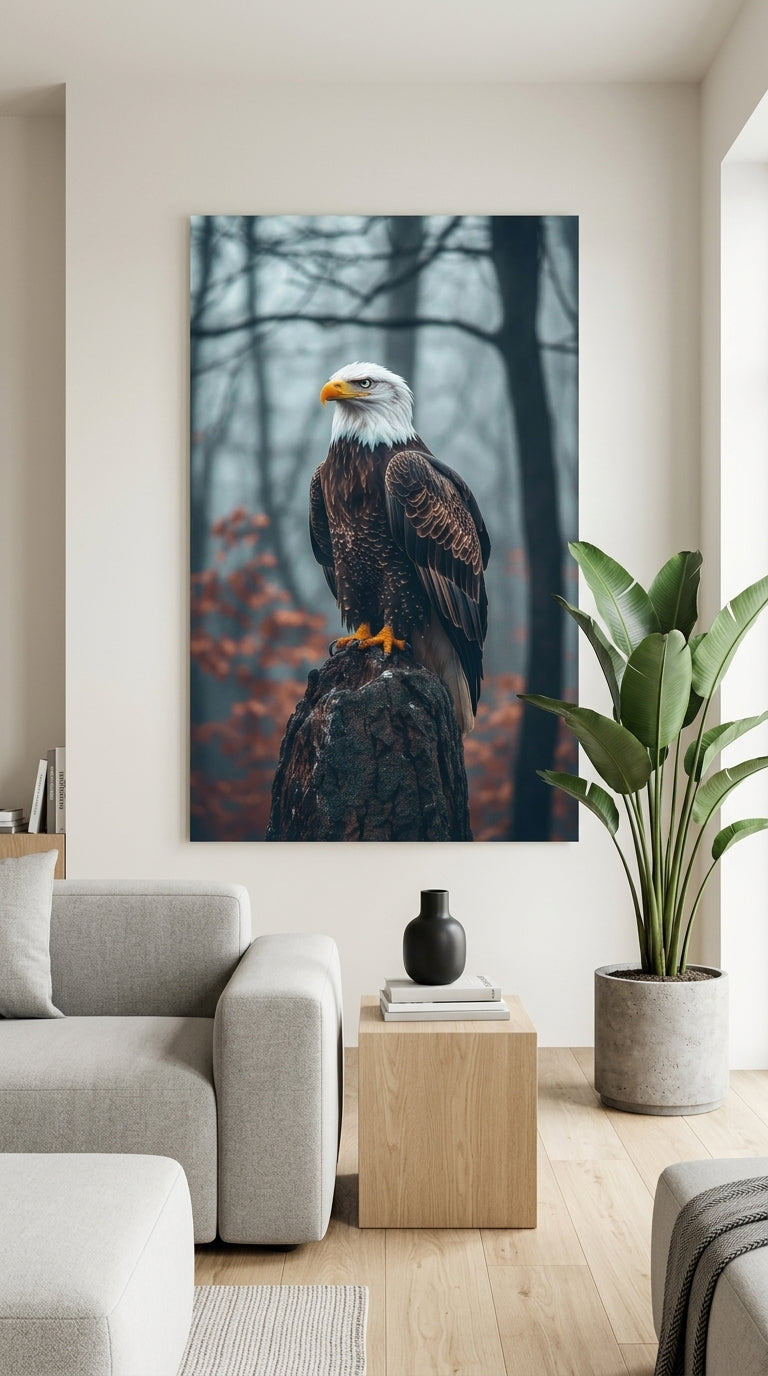 Bald eagle wall art in a minimalist modern living room