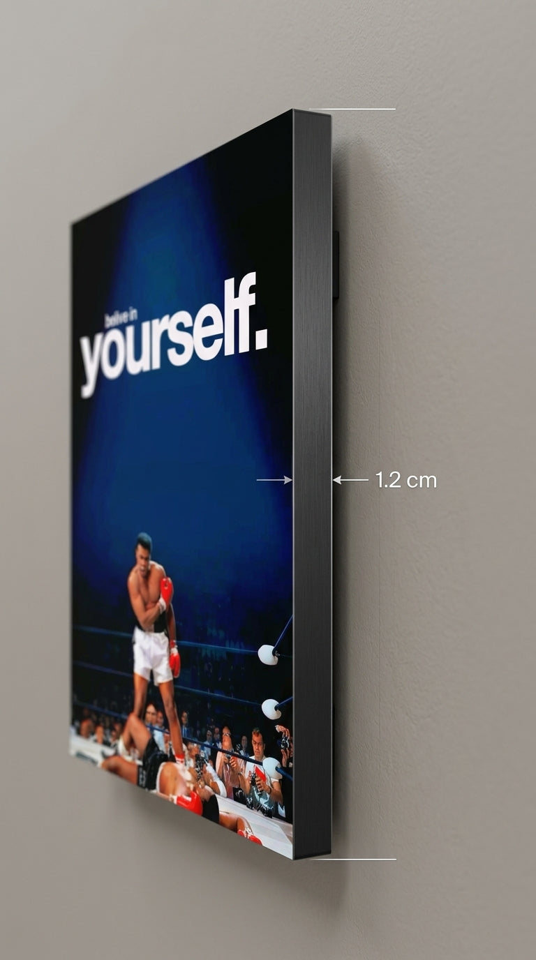 Believe In Yourself wall art showing the 1.2 cm slim side profile