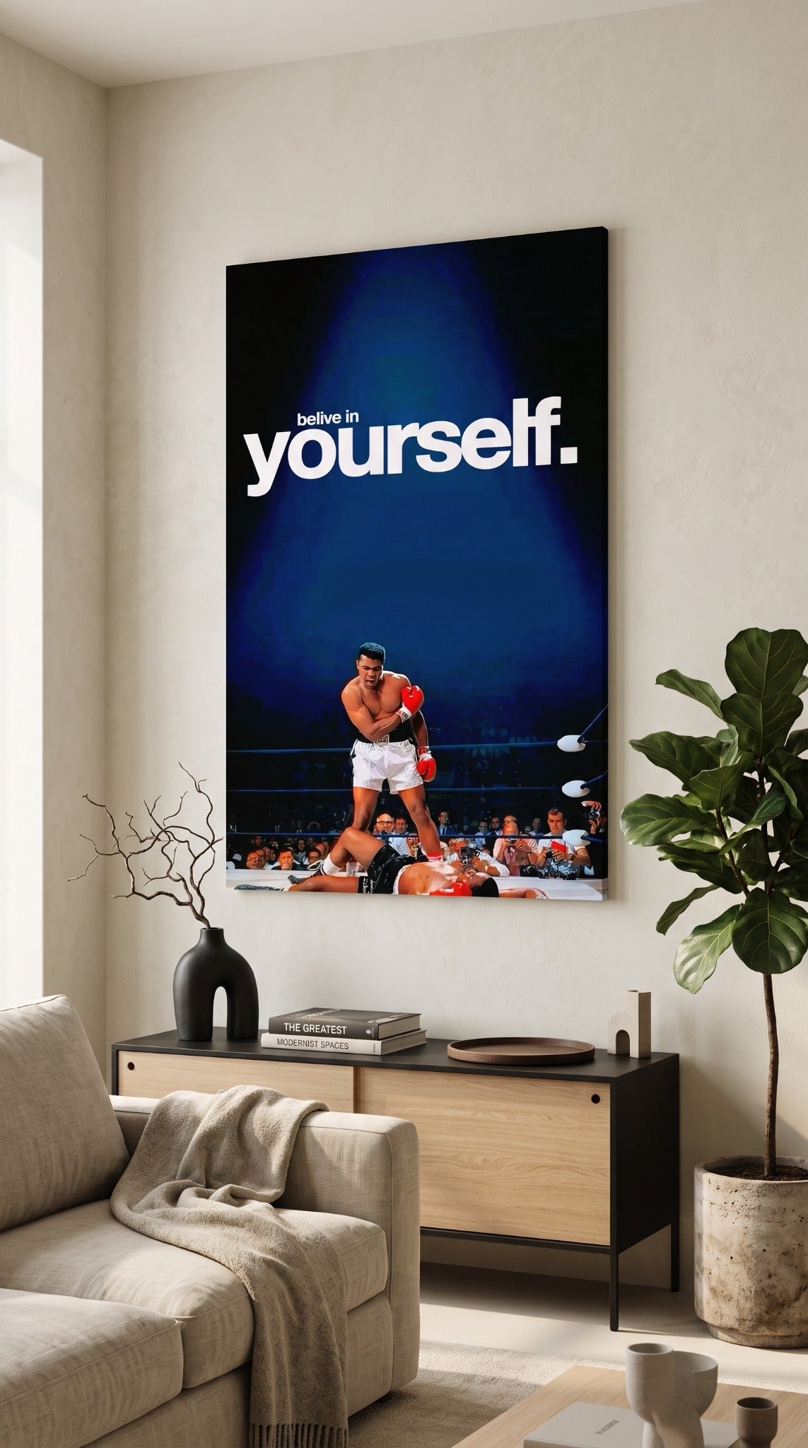 Believe In Yourself motivational boxing wall art displayed in an aesthetic modern interior