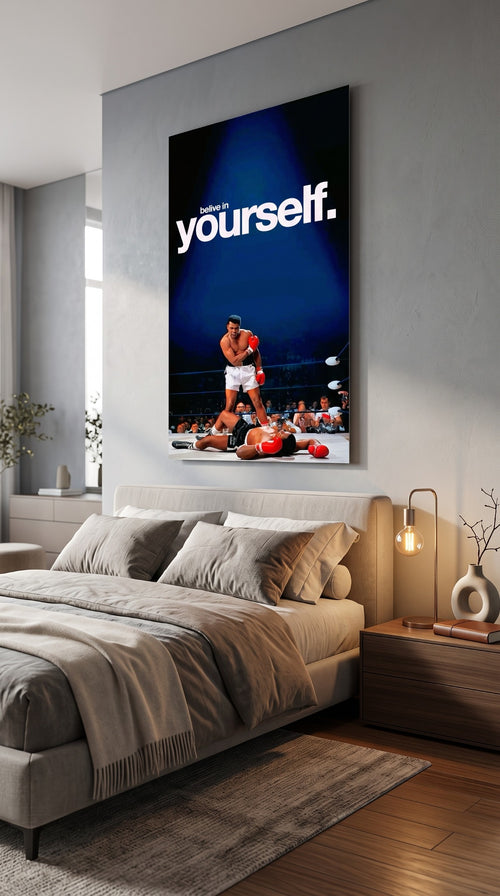 Believe In Yourself motivational boxing wall art displayed in a modern bedroom
