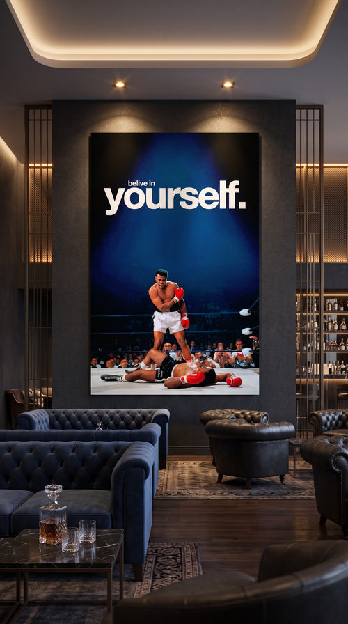 Believe In Yourself motivational boxing wall art displayed in a stylish club lounge