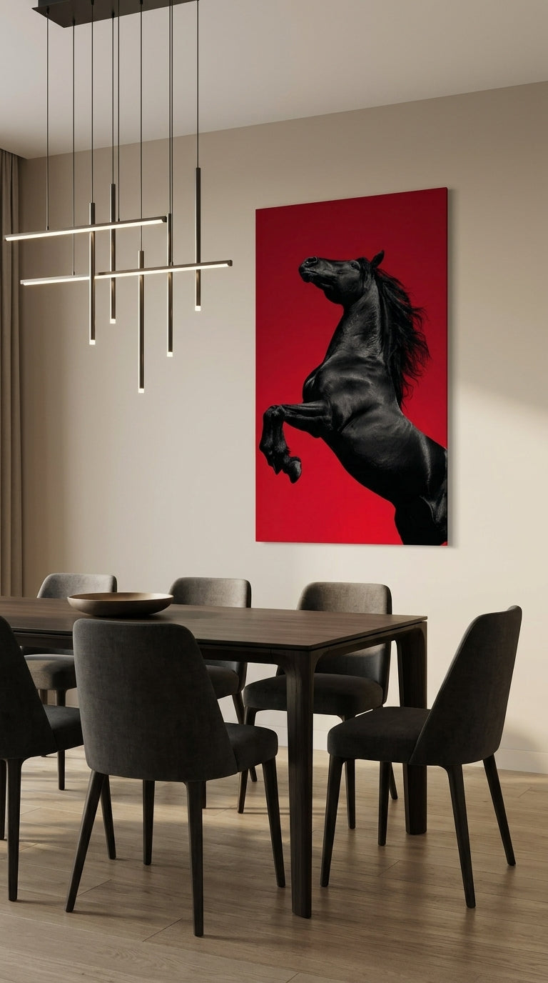 Black horse wall art displayed in a modern dining room