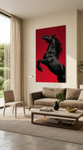 Black horse wall art displayed in a luxury modern living room