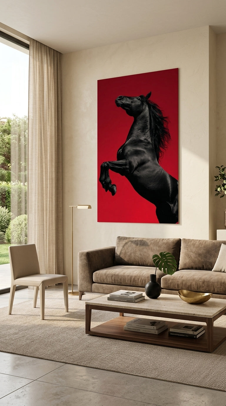 Black horse wall art displayed in a luxury modern living room