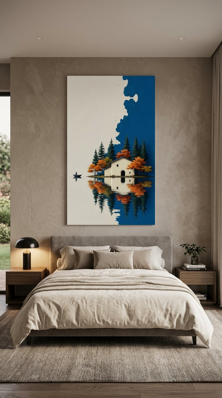 Blue lake house wall art displayed above a modern bedroom