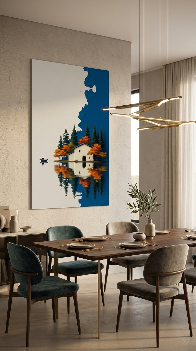 Blue lake house wall art displayed in a contemporary dining room
