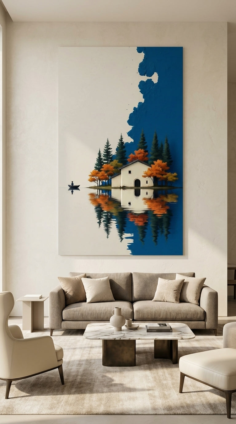 Blue lake house wall art displayed in a modern luxury living room