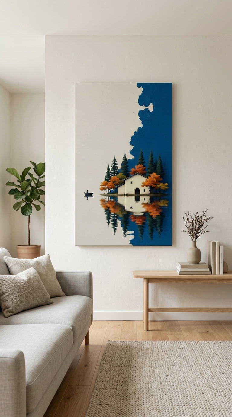 Blue lake house wall art displayed in a modern interior