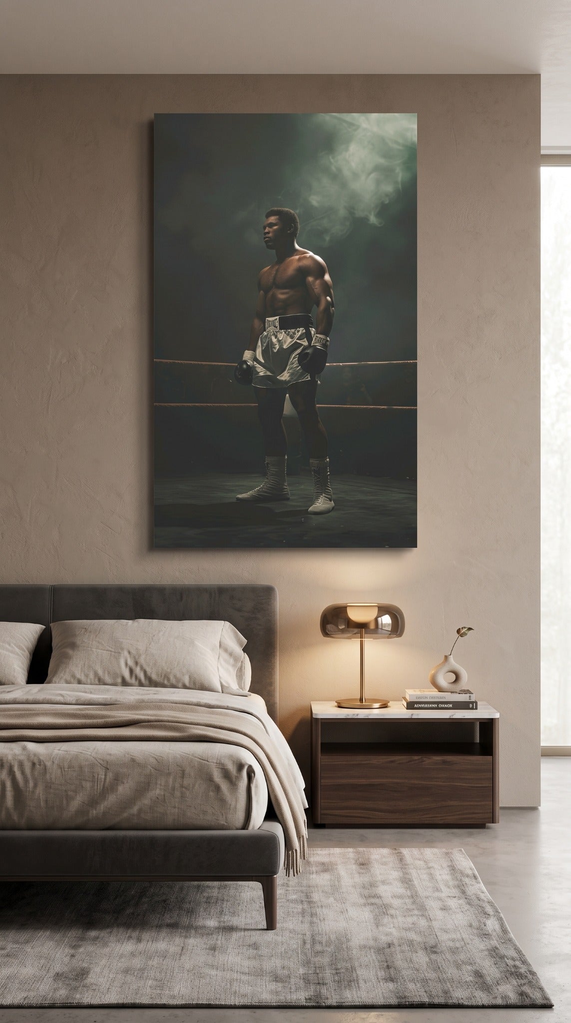 Boxing champion wall art mounted above a modern bedroom