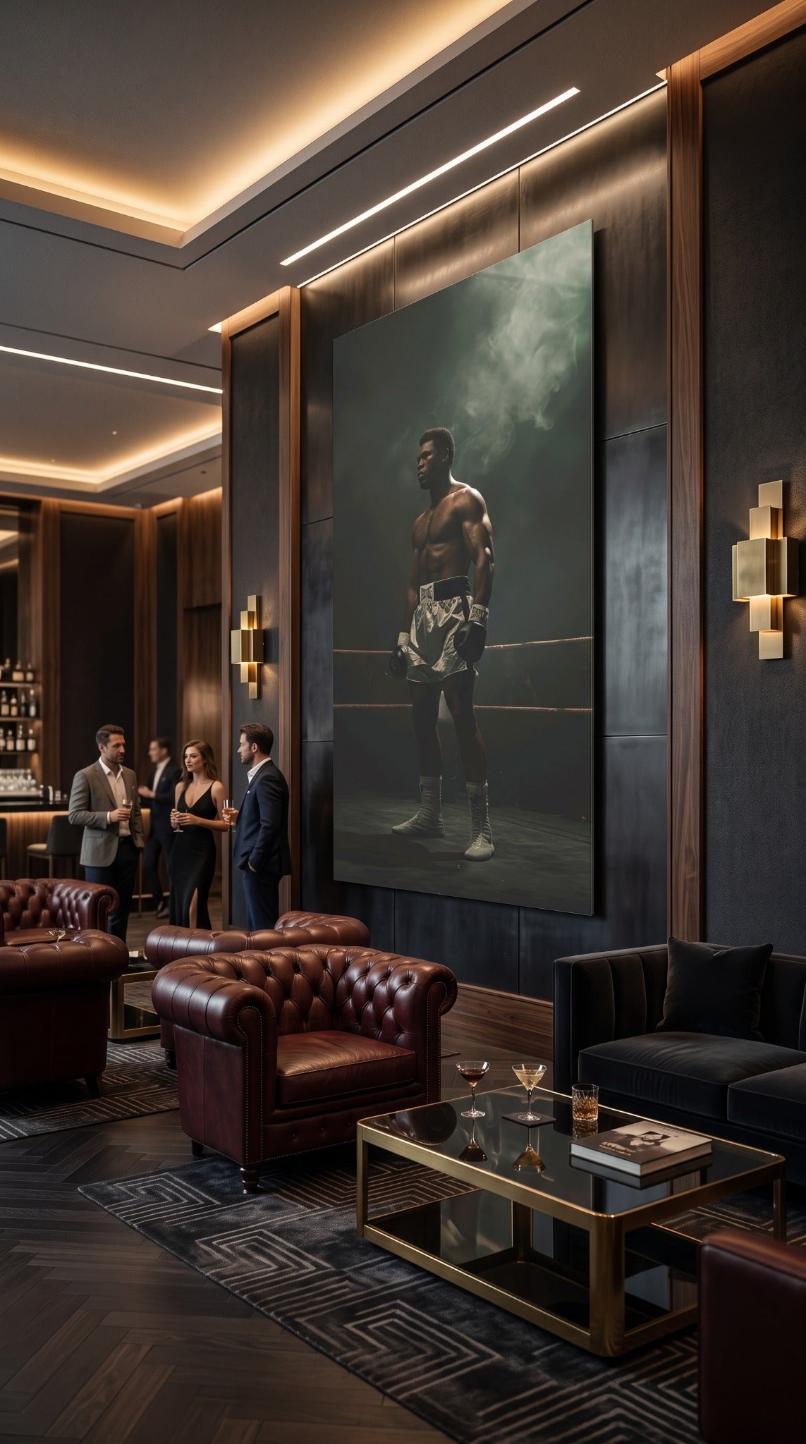 Boxing champion wall art displayed in an upscale lounge