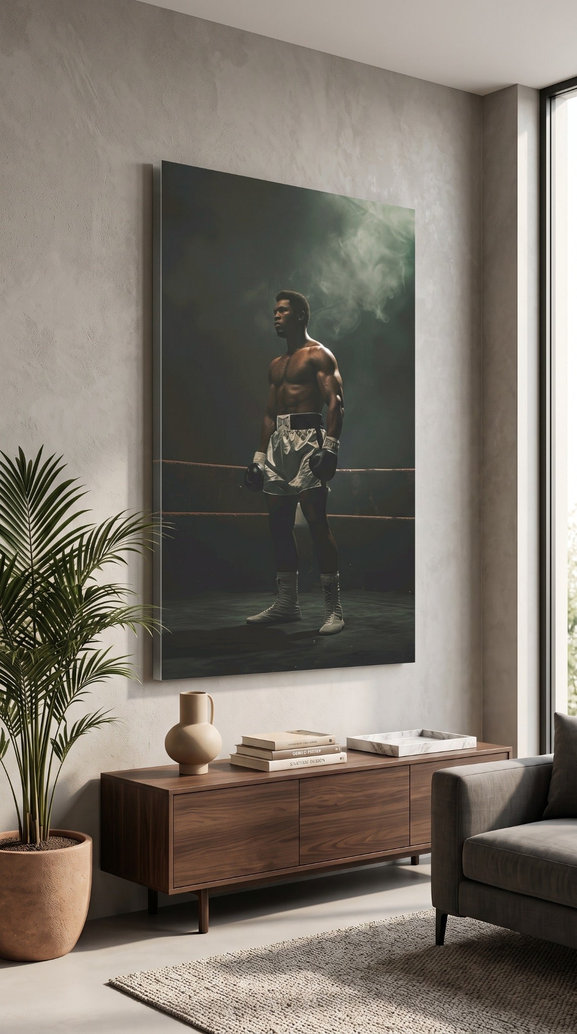 Boxing champion wall art in a modern living room