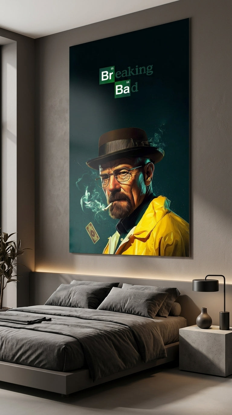 Breaking Bad inspired wall art displayed above a modern bedroom
