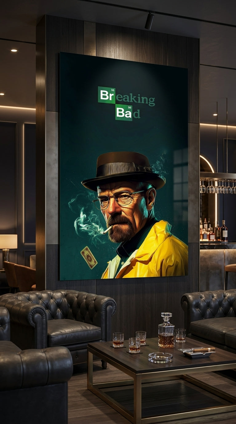 Breaking Bad inspired wall art displayed in an upscale lounge