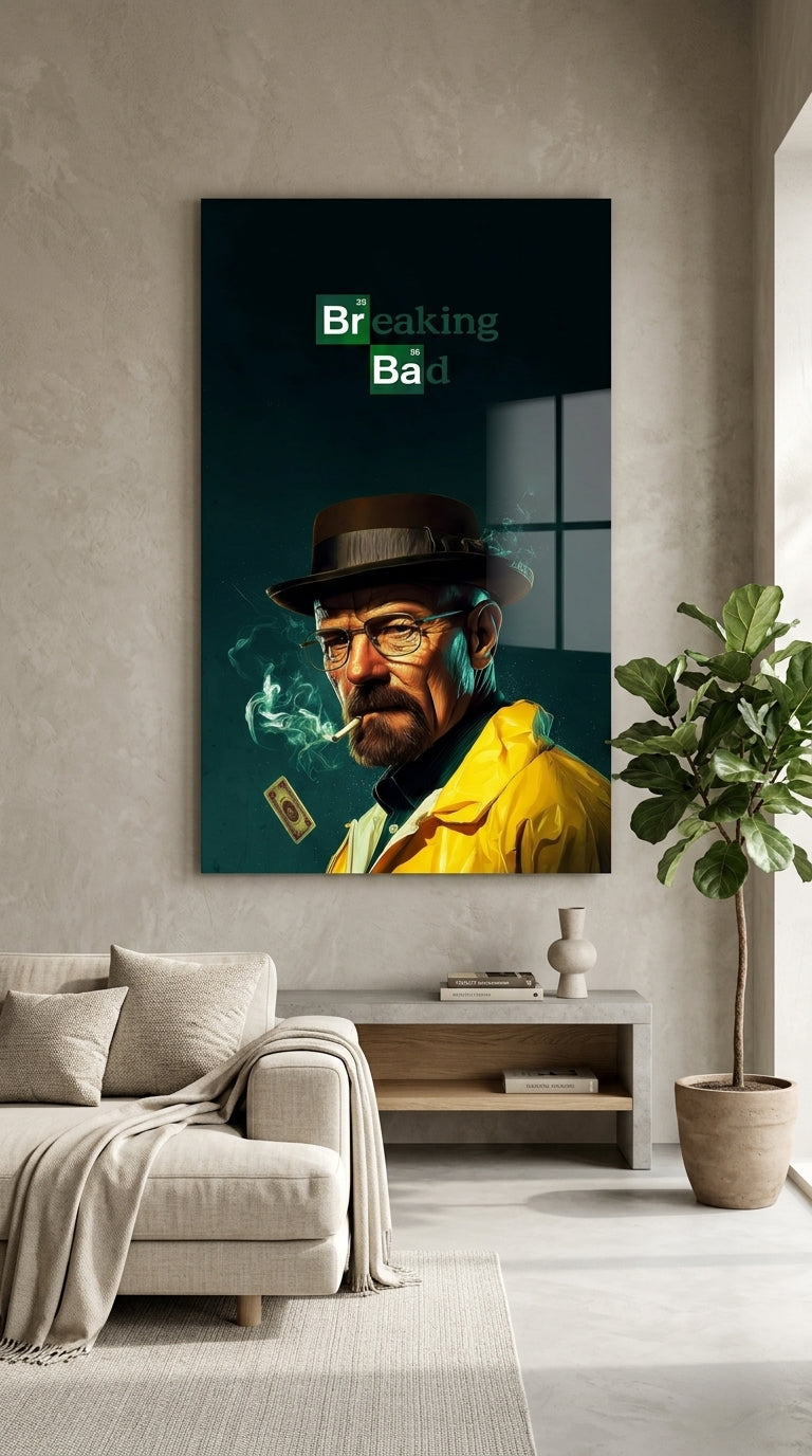 Breaking Bad inspired wall art displayed in a modern living room