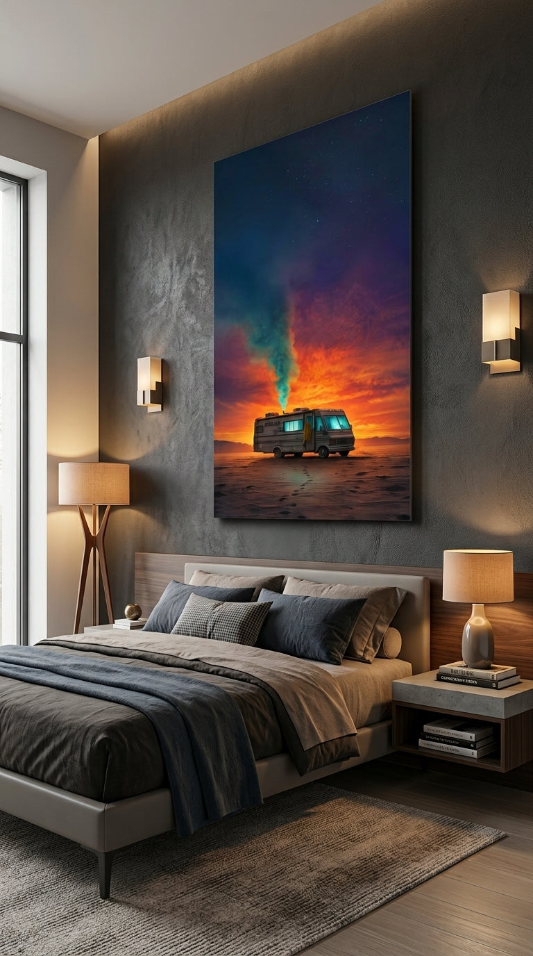 Desert RV sunset wall art displayed above a modern bedroom