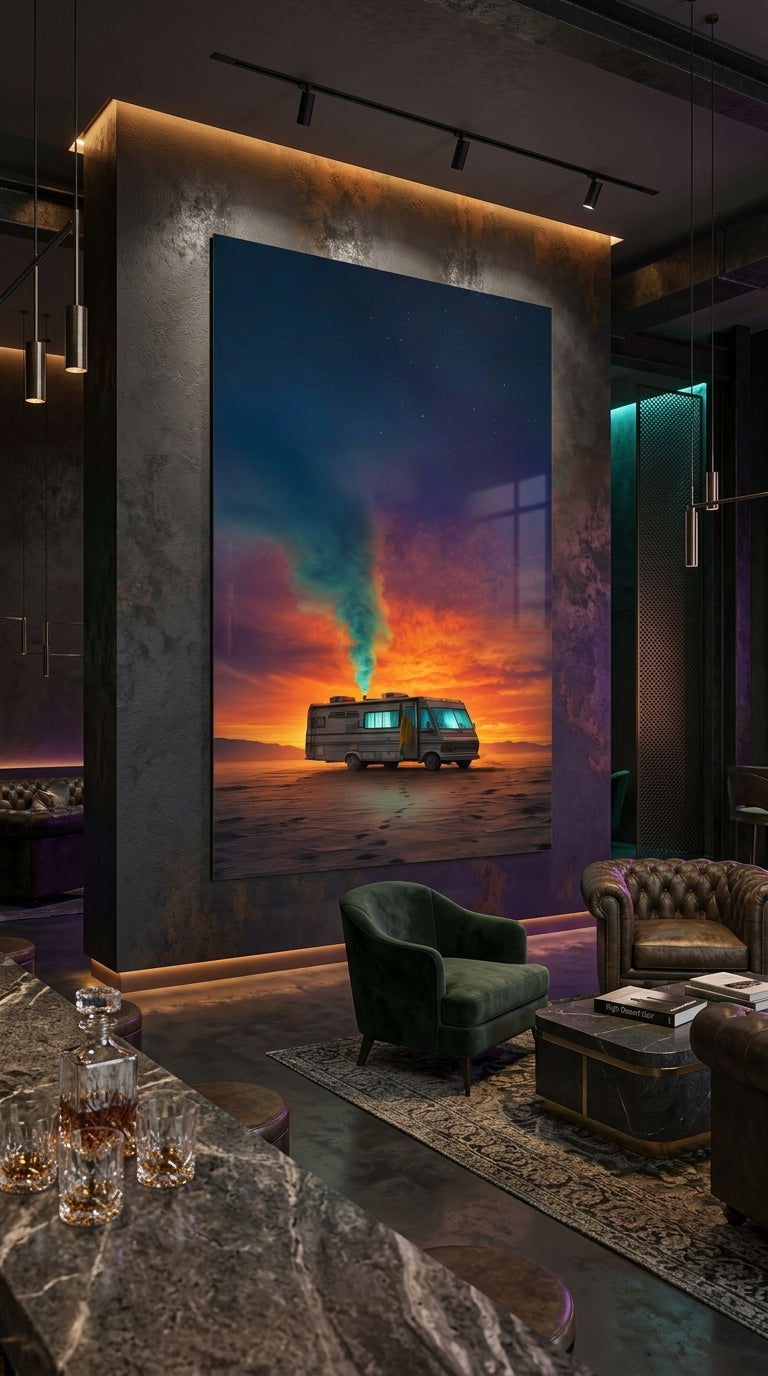 Desert RV sunset wall art displayed in an upscale lounge