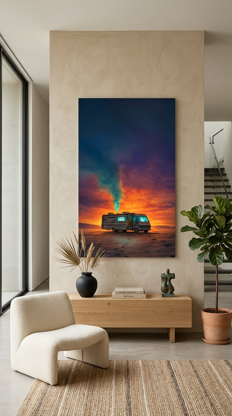 Desert RV sunset wall art displayed in a modern interior