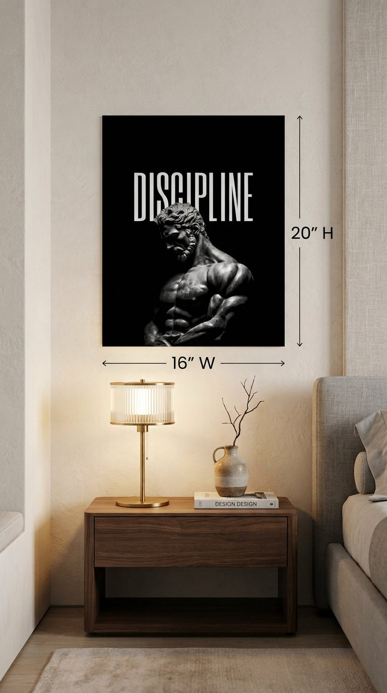 Discipline motivational statue wall art in a bedroom, 16 x 20 inches