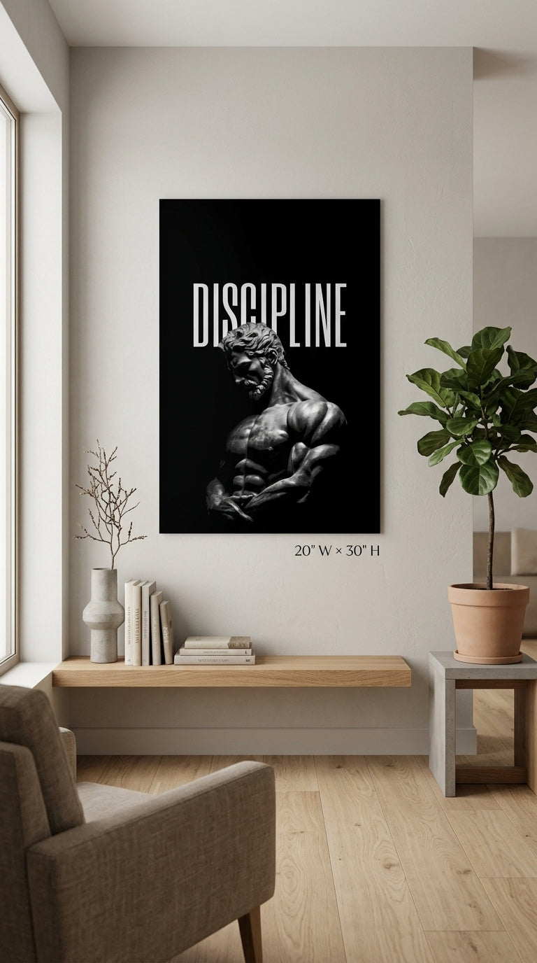Discipline motivational statue wall art in a modern interior, 20 x 30 inches