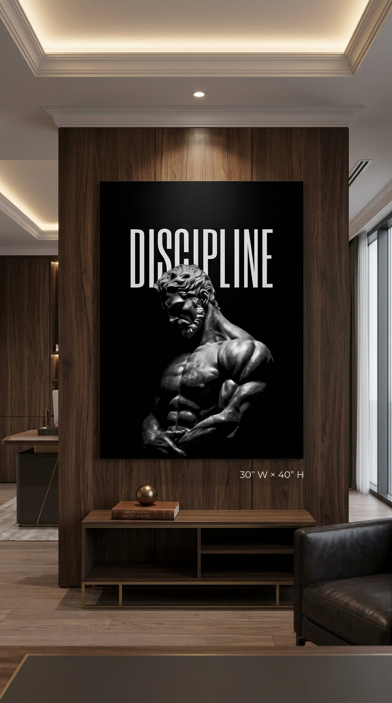 Discipline motivational statue wall art in a luxury living room, 30 x 40 inches