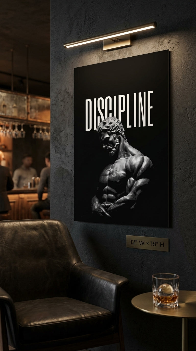 Discipline motivational statue wall art in a modern lounge, 12 x 18 inches