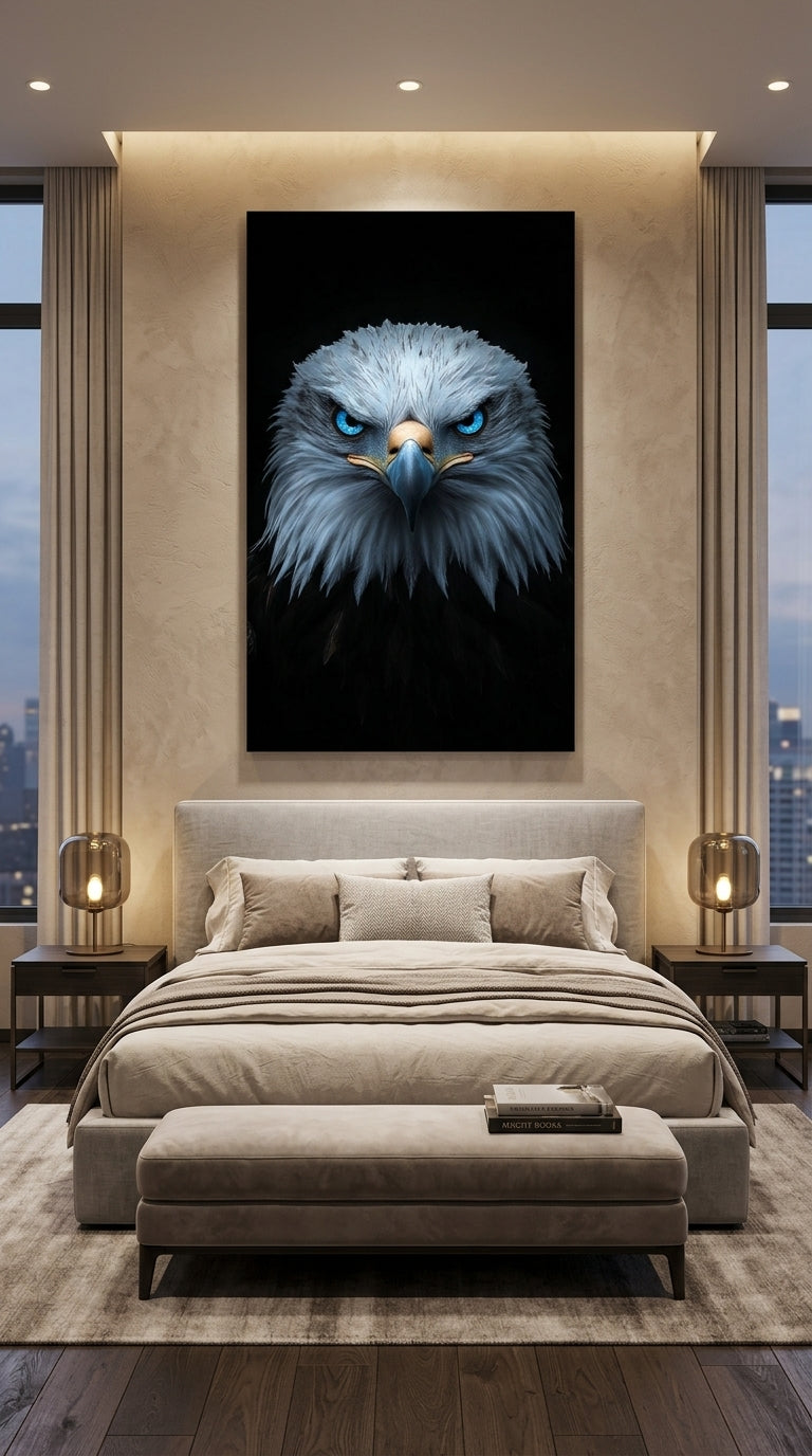 Eagle bird wall art portrait in a contemporary bedroom