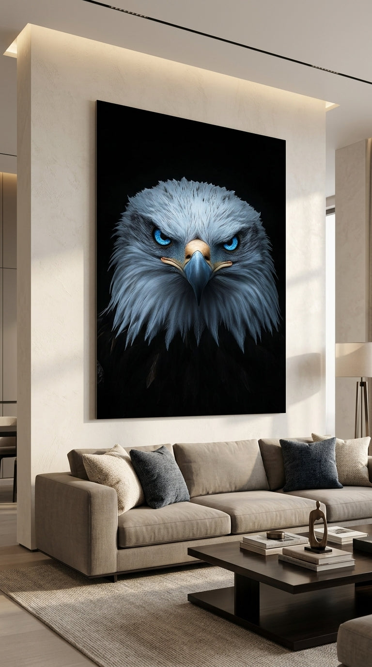 Eagle bird wall art portrait in a luxury modern living room