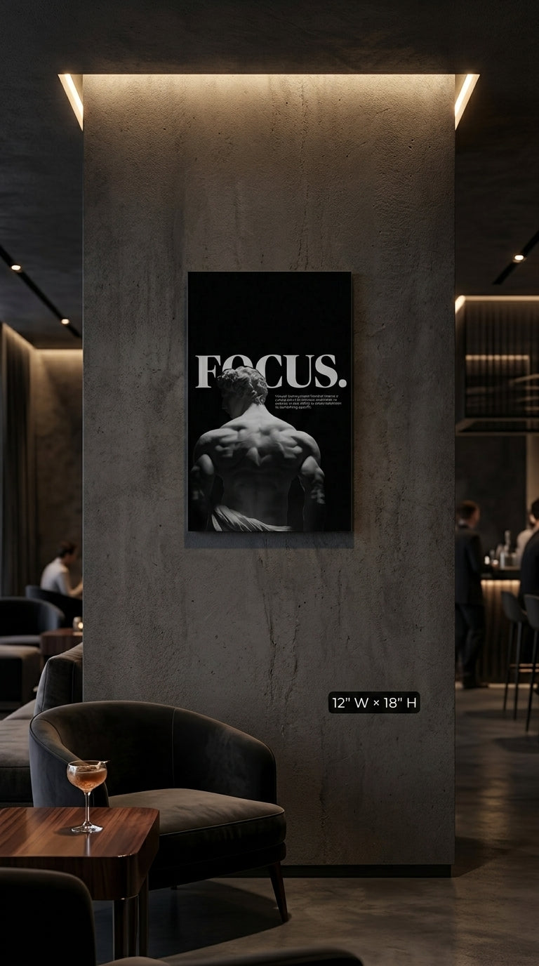Focus motivational black and white classical statue wall art displayed in a dark modern lounge