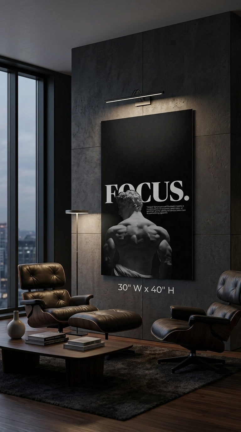 Focus motivational black and white classical statue wall art in a sophisticated dark contemporary interior
