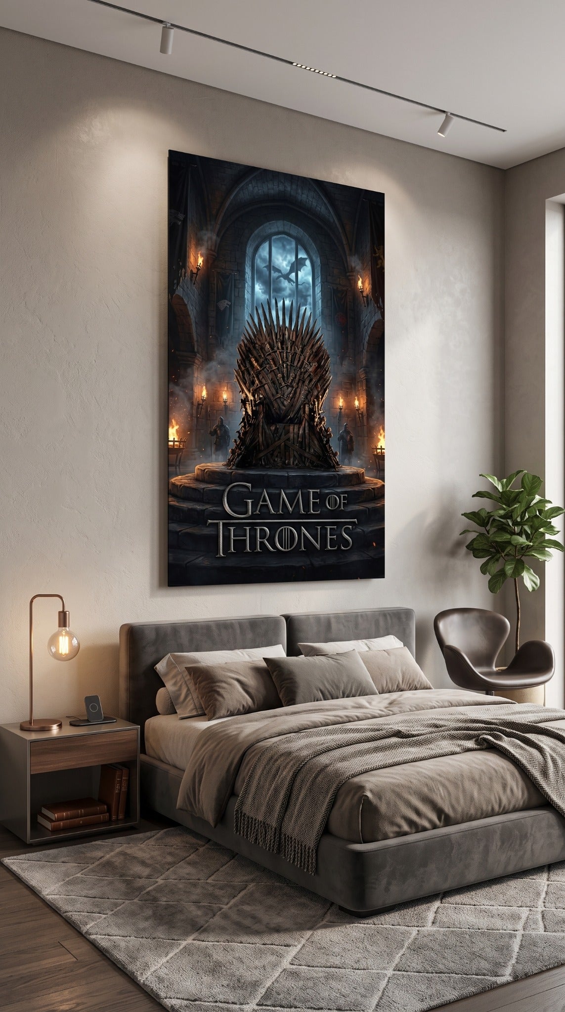 Game of Thrones Iron Throne poster displayed above a bedroom bed