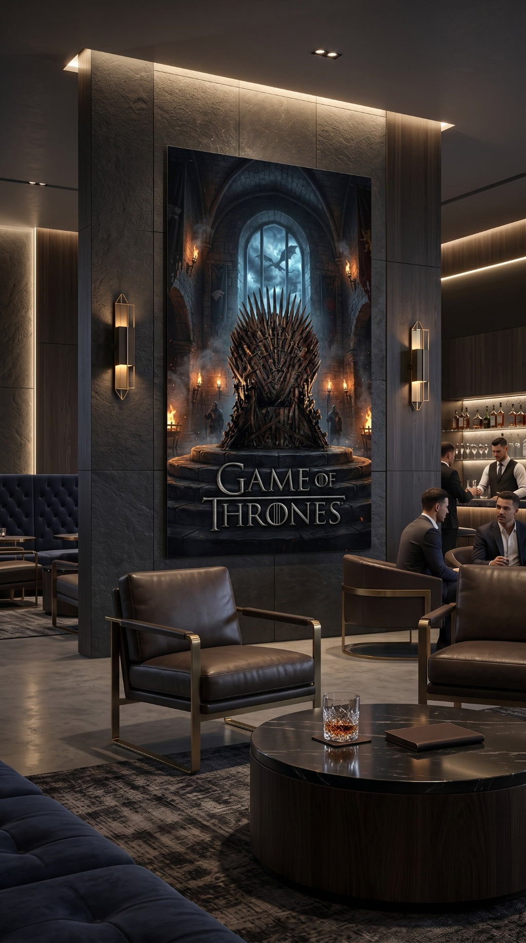 Game of Thrones Iron Throne wall art displayed in an upscale lounge