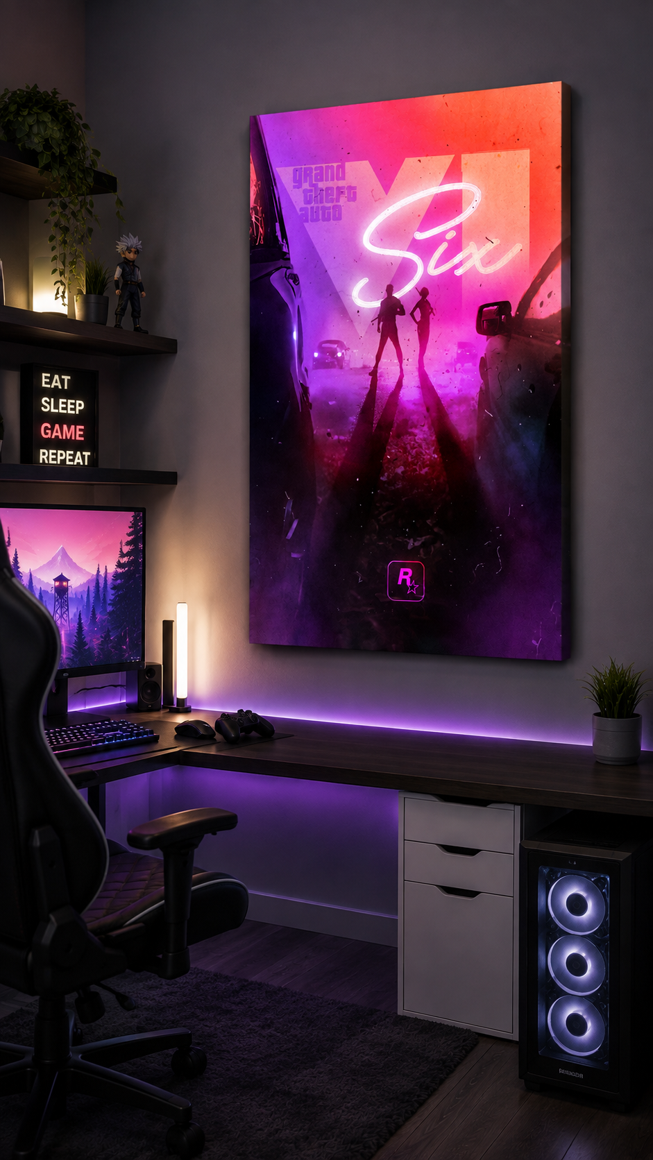 GTA Six gaming wall art in a neon purple gaming room