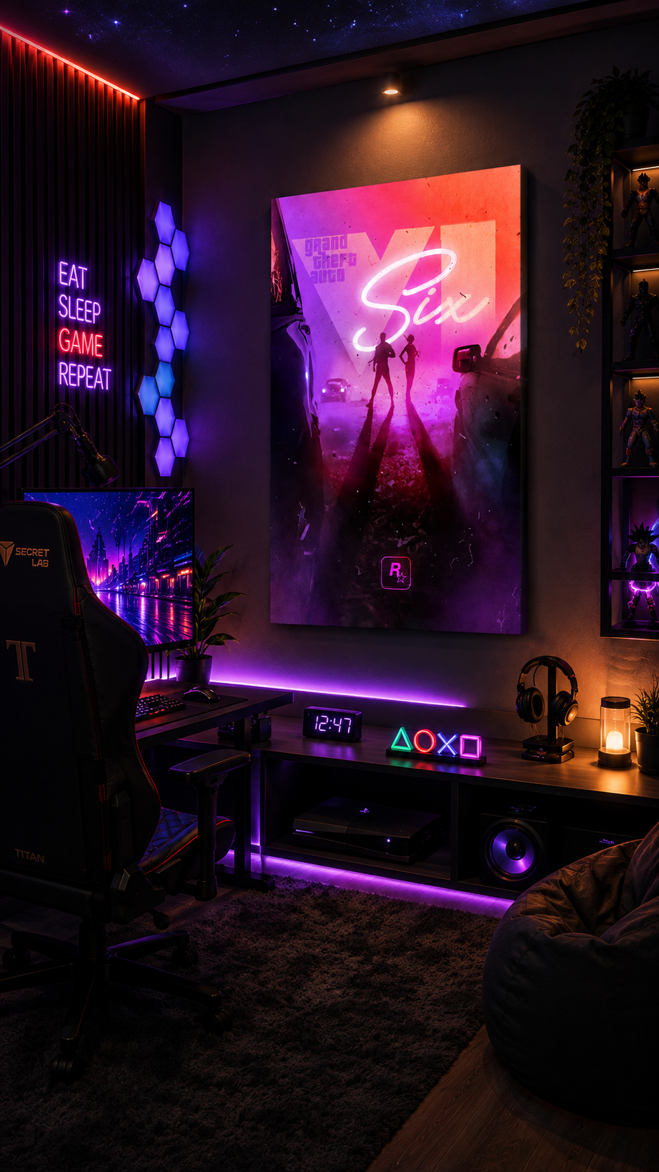 GTA Six gaming wall art in a modern RGB gaming setup