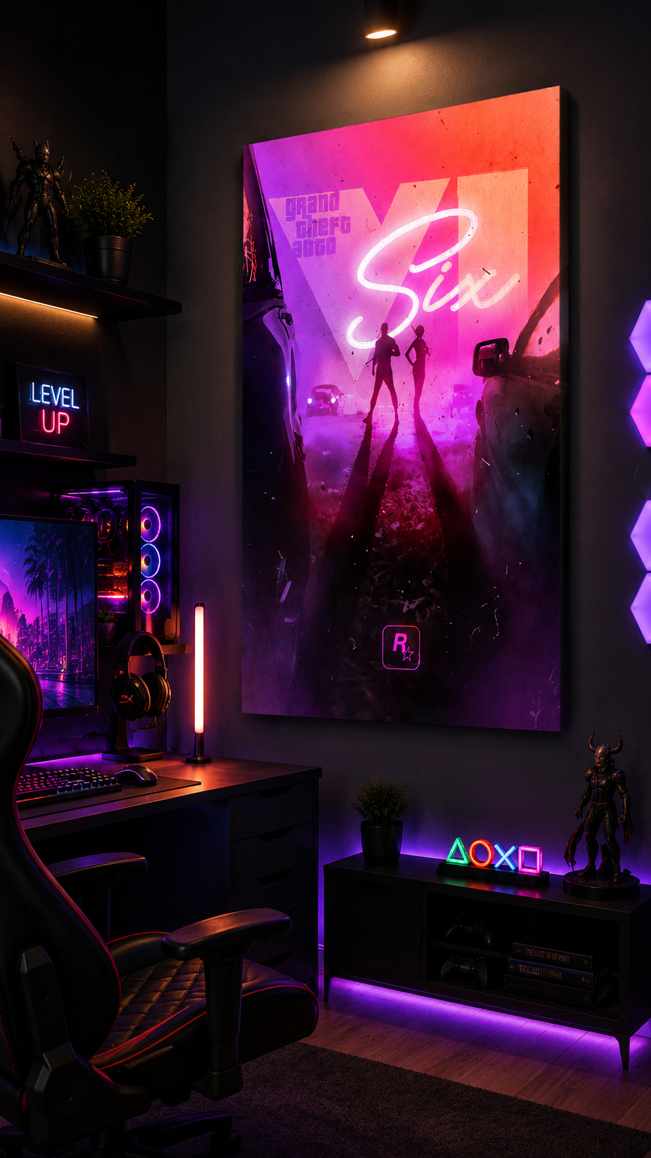 GTA Six gaming wall art above a gaming desk with purple LED lighting