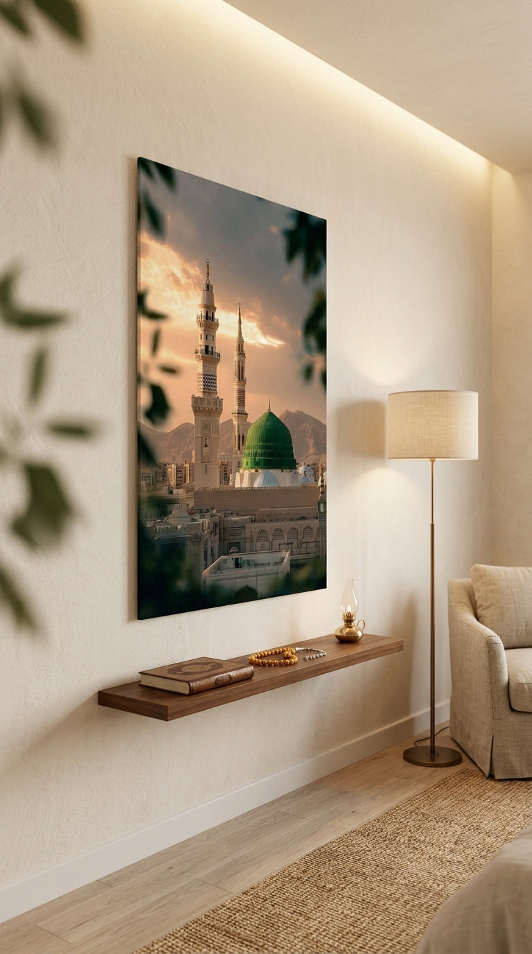 Islamic wall art featuring Al Masjid an Nabawi and the Green Dome displayed in a serene bedroom