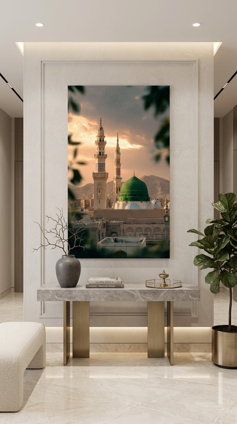 Islamic wall art featuring the Green Dome of Al Masjid an Nabawi displayed on an elegant entrance wall