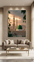 Islamic wall art featuring Al Masjid an Nabawi and the Green Dome displayed in an elegant living room
