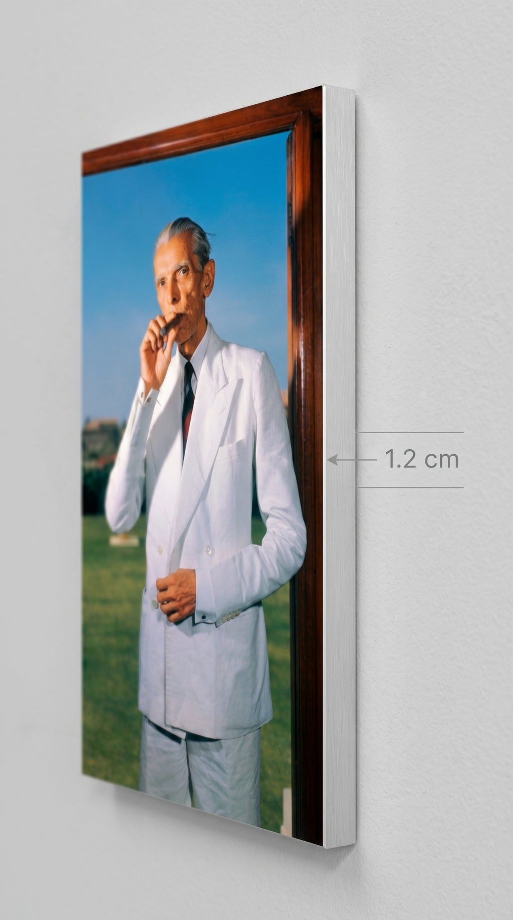 Jinnah portrait wall art showing the slim 1.2 cm panel profile