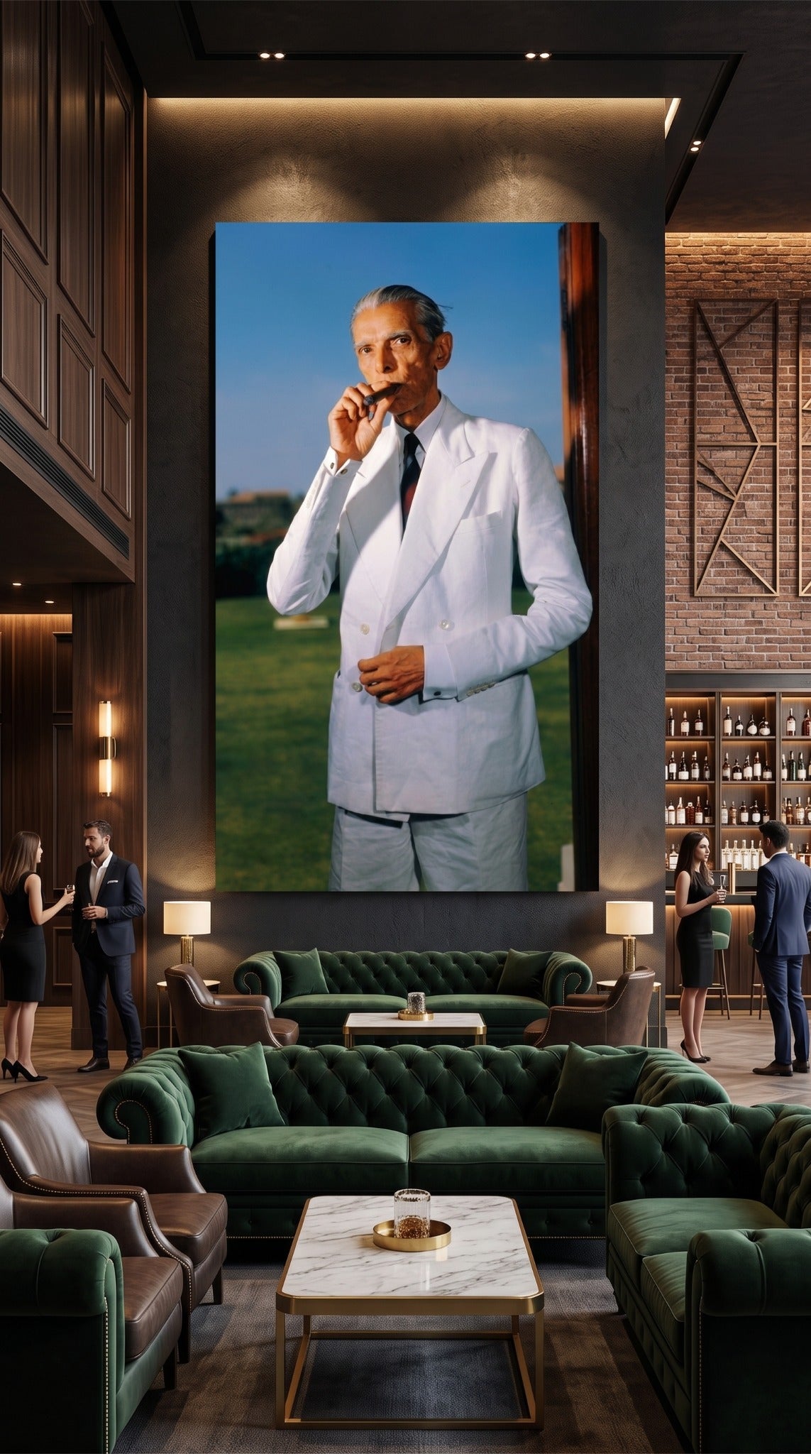 Jinnah portrait wall art displayed in an upscale luxury lounge