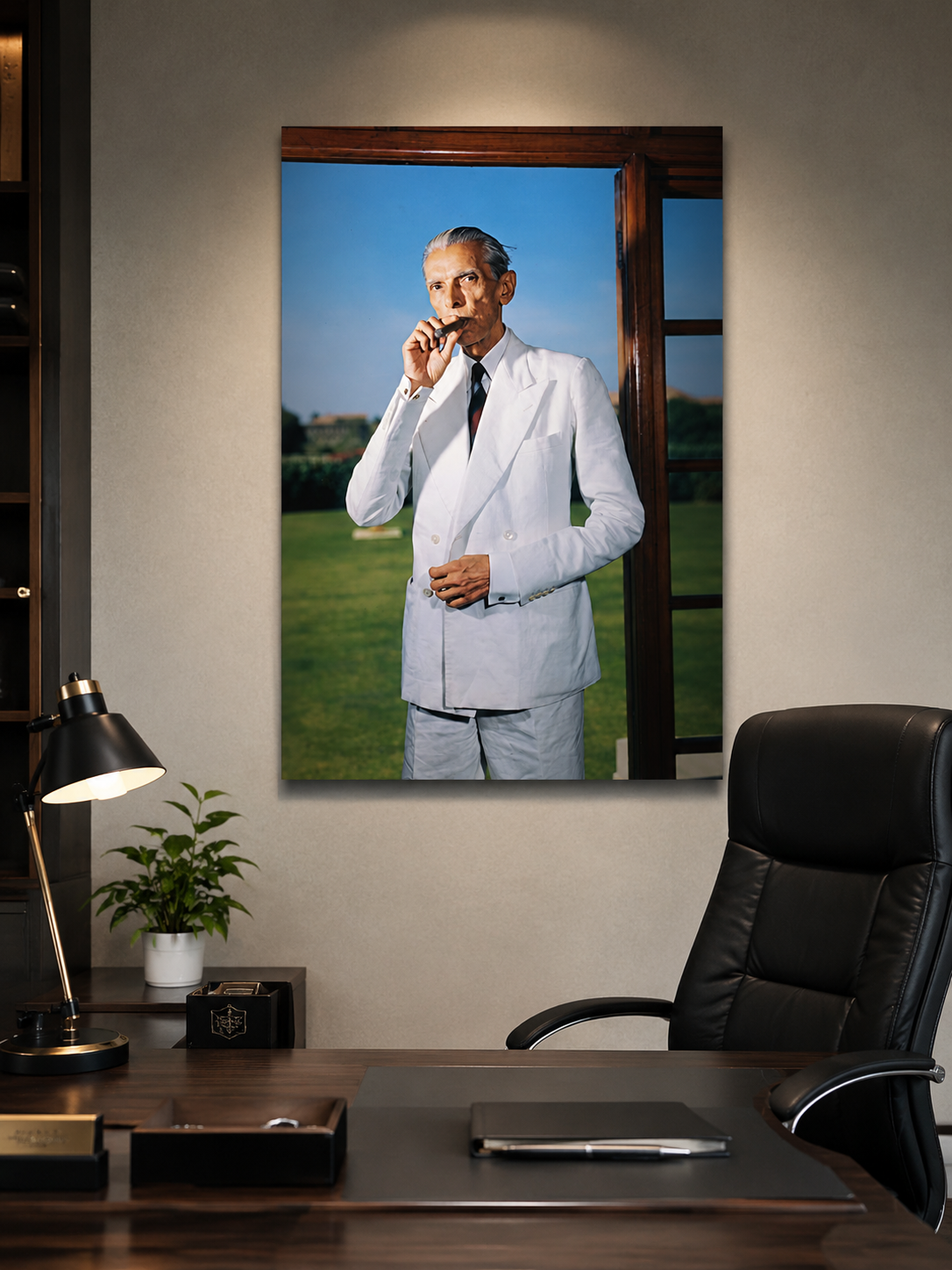 Muhammad Ali Jinnah portrait wall art displayed in a refined executive office