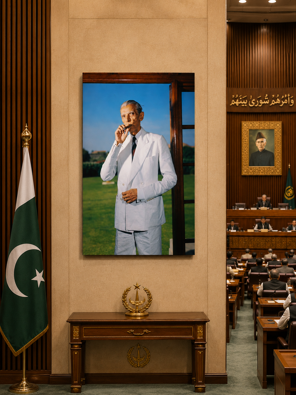 Muhammad Ali Jinnah portrait wall art displayed in a formal Pakistani institutional interior