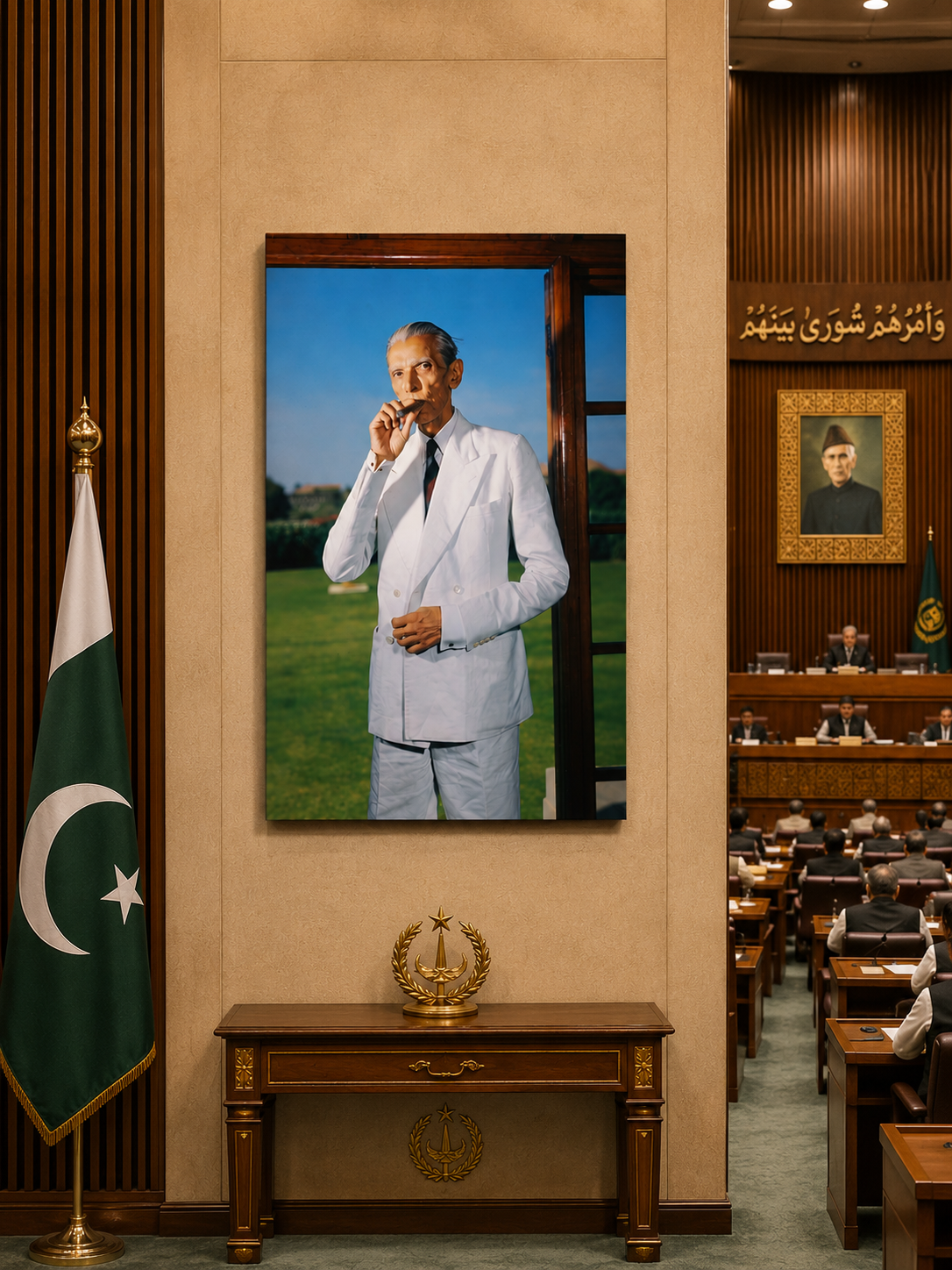 Muhammad Ali Jinnah portrait wall art displayed in a formal Pakistani institutional interior